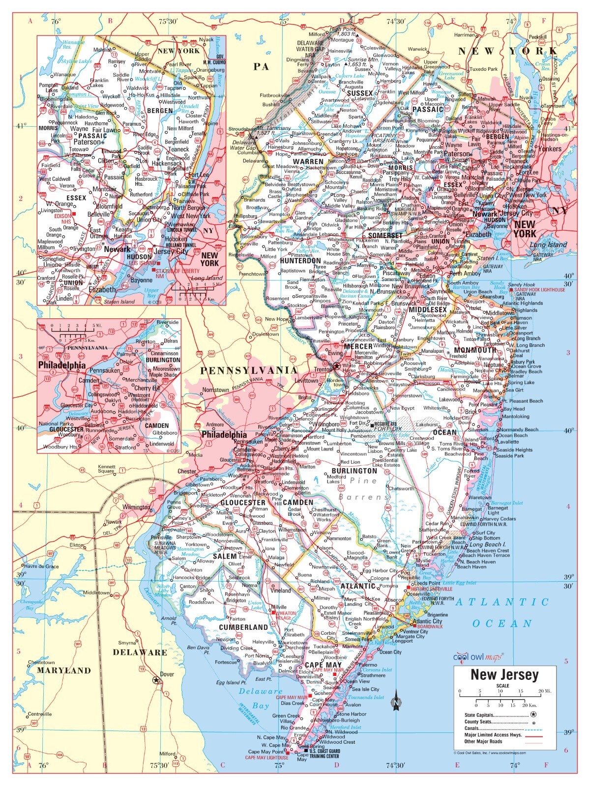 New Jersey State Wall Map Large Print Poster - 24"Wx32"H