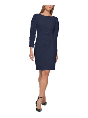 

DKNY Женское темно-синее асимметричное платье-футляр выше колена с рюшами и рукавами 3/4, Navy