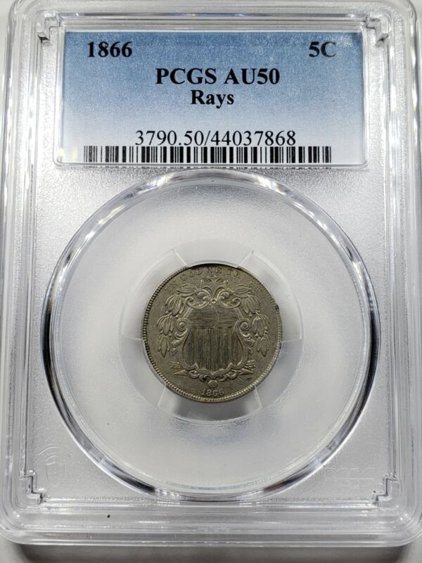1866 Shield nickel, with Rays, PCGS AU50