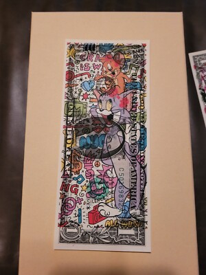 U.S 1 dollar bill Real Pop Art  Original Signed Death NYC. Tom & Jerry. Rare. 