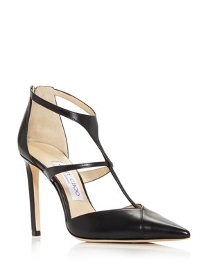 

JIMMY CHOO Женские черные кожаные туфли Saoni с Т-образным ремешком и острым носком на шпильке, Черный, J000136929