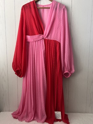 NEW ASOS Pink Red Color Block Bishop Sleeve Dress 8 Deep V Neck Wedding Summer