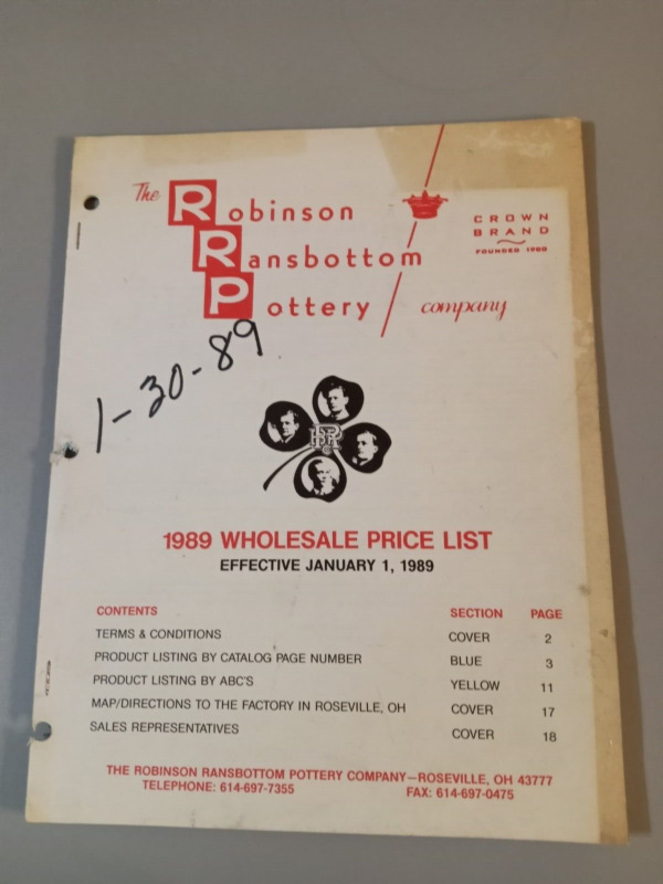 Vintage 1989 ROBINSON RANSBOTTOM POTTERY Products Wholesale Price List