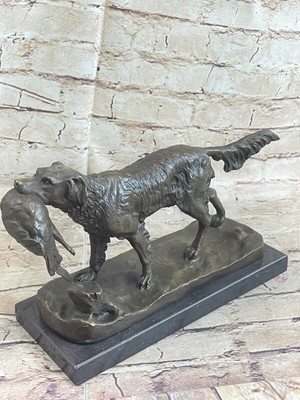 Pointer Hunting Bird Dog Bronze Marble Sculpture Signed Lost Wax Method Artwork