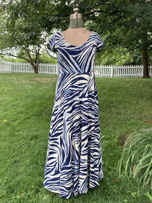 Chaps Dark Blue Beige Zebra Stripe Print 100% Cotton Knit Maxi Dress Large