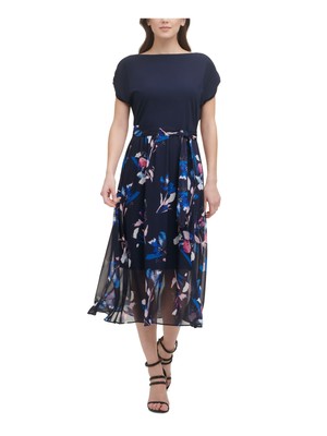 DKNY Женская темно-синяя юбка с поясом на подкладке с коротким рукавом Midi Fit + Flare Dress 2