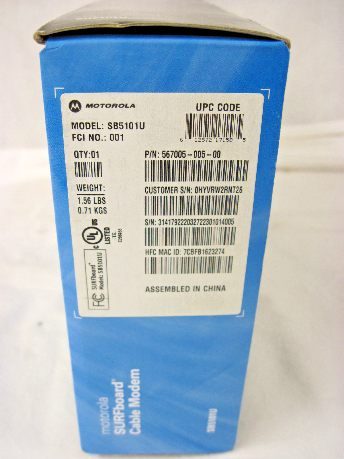 Motorola SB5101U SURFboard Cable Modem Ethernet USB Cables Power Adapter CD-ROM