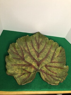 Large 14'' Green Maple Leaf Ceramic Platter Serving Dish Hand Painted Flowers Inc