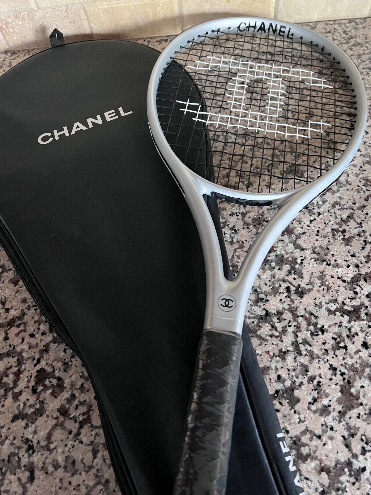 CHANEL TENNIS SILVER BLACK CC LOGO RACKET LEATHER HANDLE CHANEL TENNIS SILVER BLACK CC LOGO RACKET LEATHER HANDLE