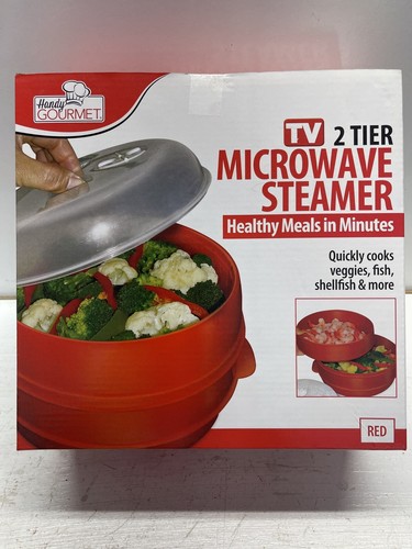 Handy Gourmet Red 2 TIER MICROWAVE Food STEAMER Easy Healthy Meals In Minutes