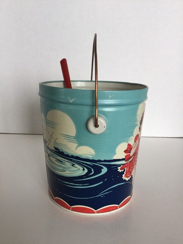 Vintage Tin Litho Sand Pail And Shovel, Children Playing At The Beach