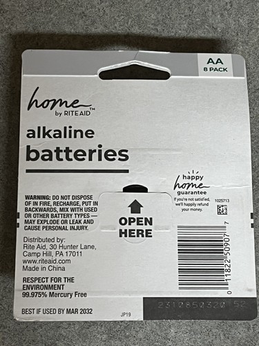 Home by RITE AID alkaline batteries AA 8 PACK RD1500B8Z02 /EXP : March 2032