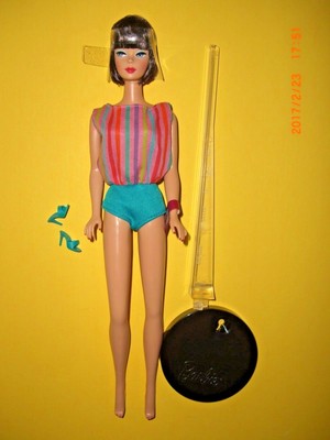 Barbie Vintage Repro Doll Bendable Legs American Girl Shoes Stripe Aqua Swimsuit