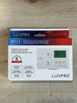 LuxPro P711 Programmable 7 Day Thermostat, 1 Heat, 1 Cool, Batteries Included