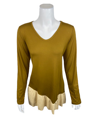 LOGO by Lori Goldstein Rayon 230 Top with Faux Suede Flounce Olive Medium Size 