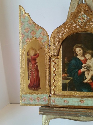 Vintage ITALY Gold Pink Tole Wood Florentine Madonna&Jesus Triptych Icon & EASEL