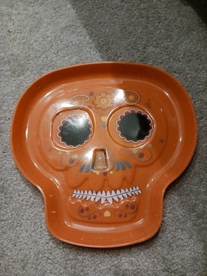 HALLOWEEN SUGAR SKULL Candy Tray Dish 11 Inch PBA Free Orange Color New
