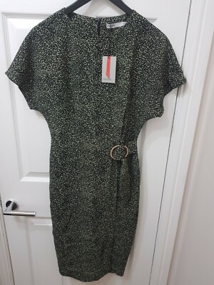 Oasis Green Print Short Sleeve Buckle Detail Wrap Skirt Midi Dress UK 8