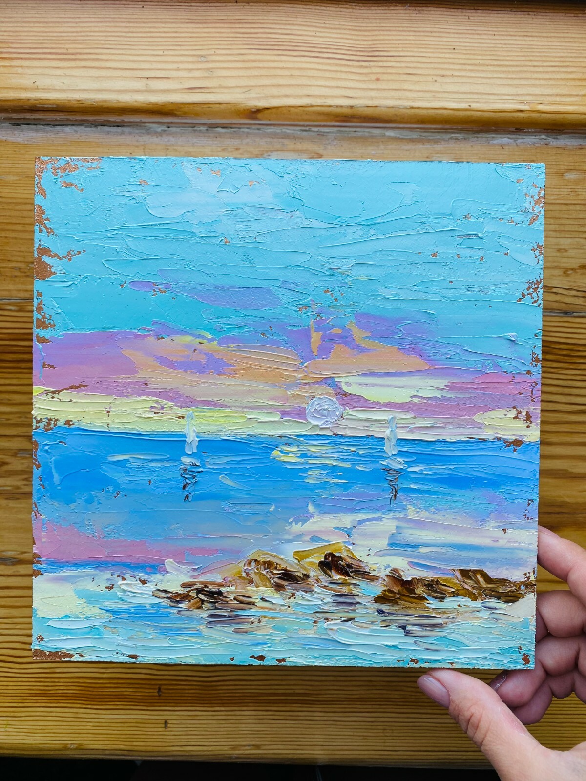 Original painting SUNRISE AT THE sea BEACH Artwork Seaboats painting seascape 