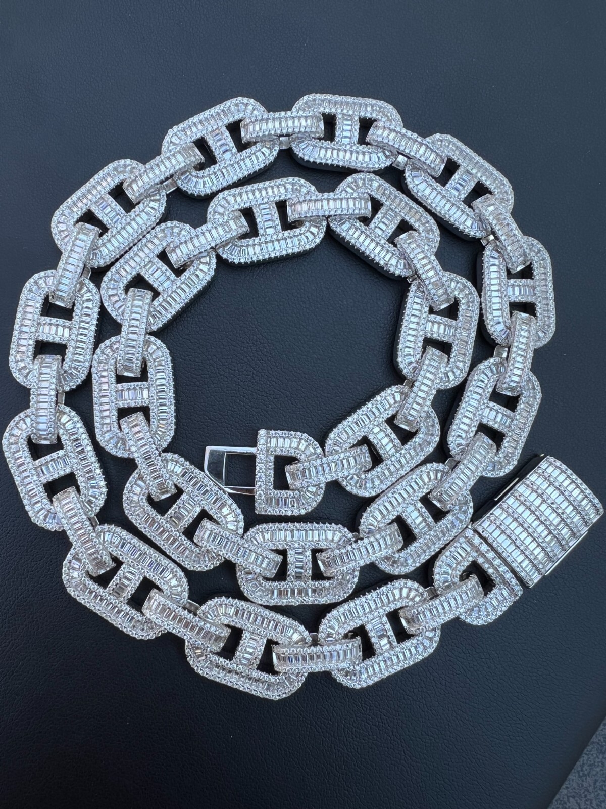 Pre-owned Silver Baguette Moissanite Solid 925  Gucci Link Chain Necklace Pass Diamond Test