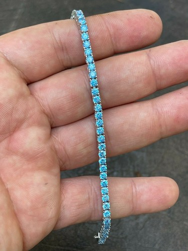 3mm Tennis Bracelet Real 925 Sterling Silver Simulated Aquamarine Blue CZ