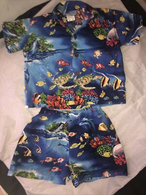 Vintage 90s RJC Hawaiian Shirt Shorts Outfit Boys Size 18 Months Made in Hawaii