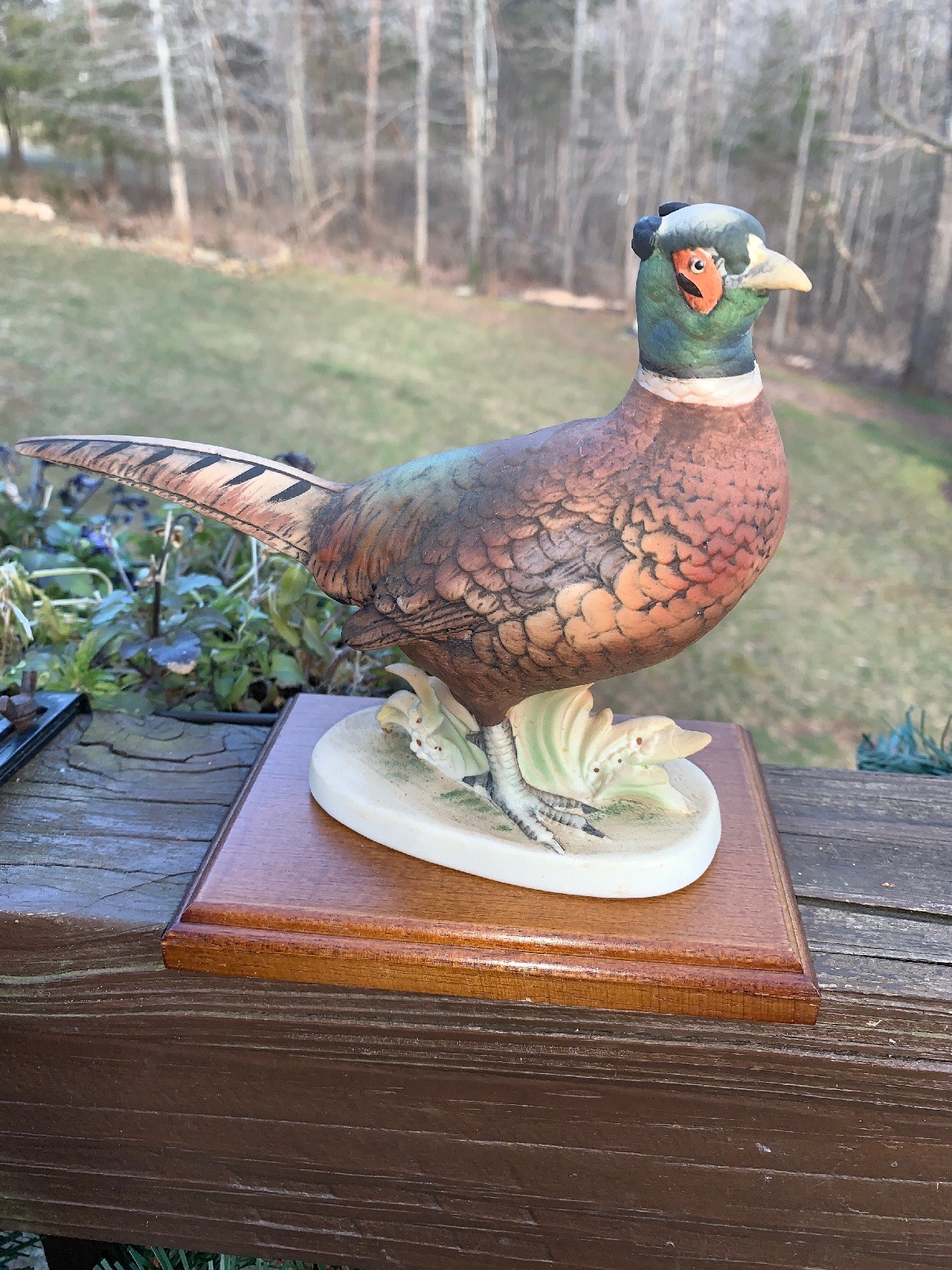 Lefton Vintage Bisque Porcelain RING TAILED PHEASANT & Wood Stand Statue 6.5 X 8