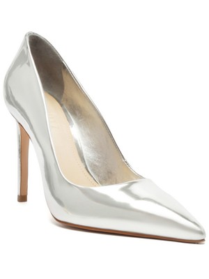 SCHUTZ Womens Silver Lou Pointed Toe Stiletto Slip On Leather Pumps Shoes 8.5