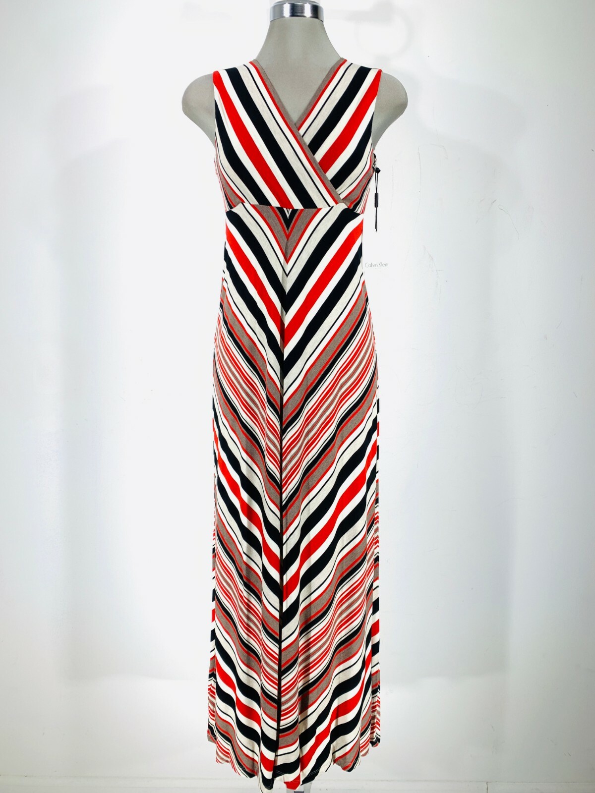 Элегантное макси-платье Calvin Klein NWT с многослойным искусственным запахом и шевронными полосками, размер 2