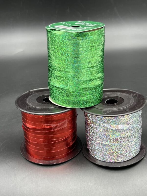 Christmas Curling Ribbon Lot Of 3 Rolls Green Glitter, Red & Silver Glitter