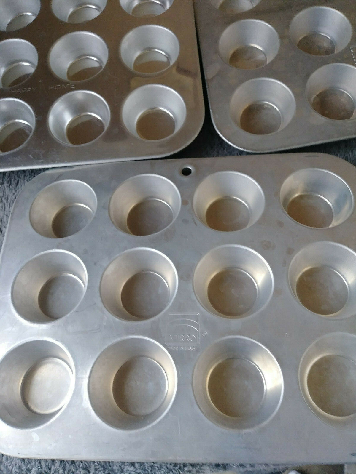 Lot of 3--12 cup Mini Muffin Cupcake Aluminum Baking Pans 2 Mirro 1 Happy Home