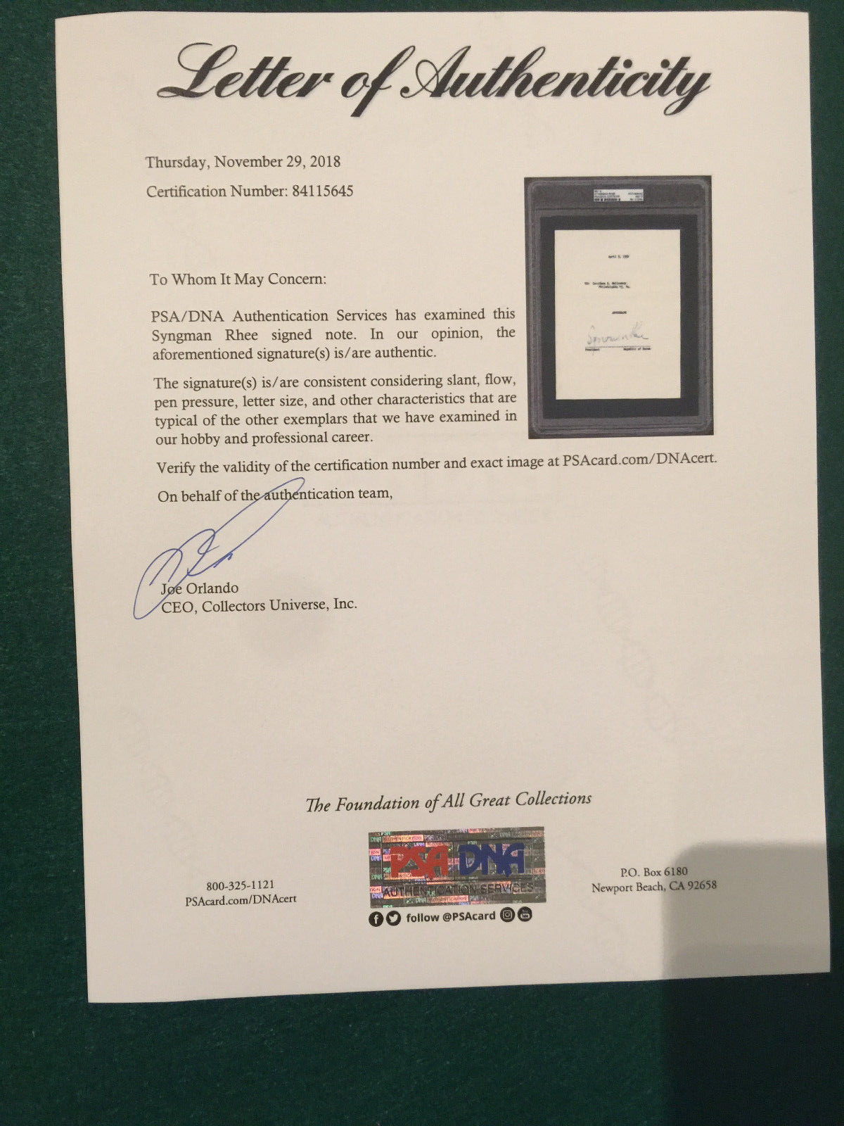 SYNGMAN RHEE PSA/DNA AUTOGRAPHED 1954  NOTE, VERY RARE, INVESTMENT GRADE,S KOREA