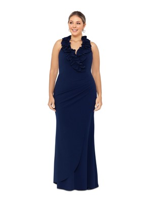 XSCAPE Womens Navy Faux Wrap Rouched Sleeveless Full-Length Gown Dress Plus 20W
