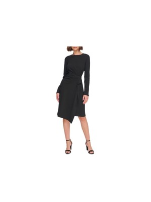 TOMMY HILFIGER Womens Black Draped Knot Waist Asymmetric Hem Long Sleeve Dress 8