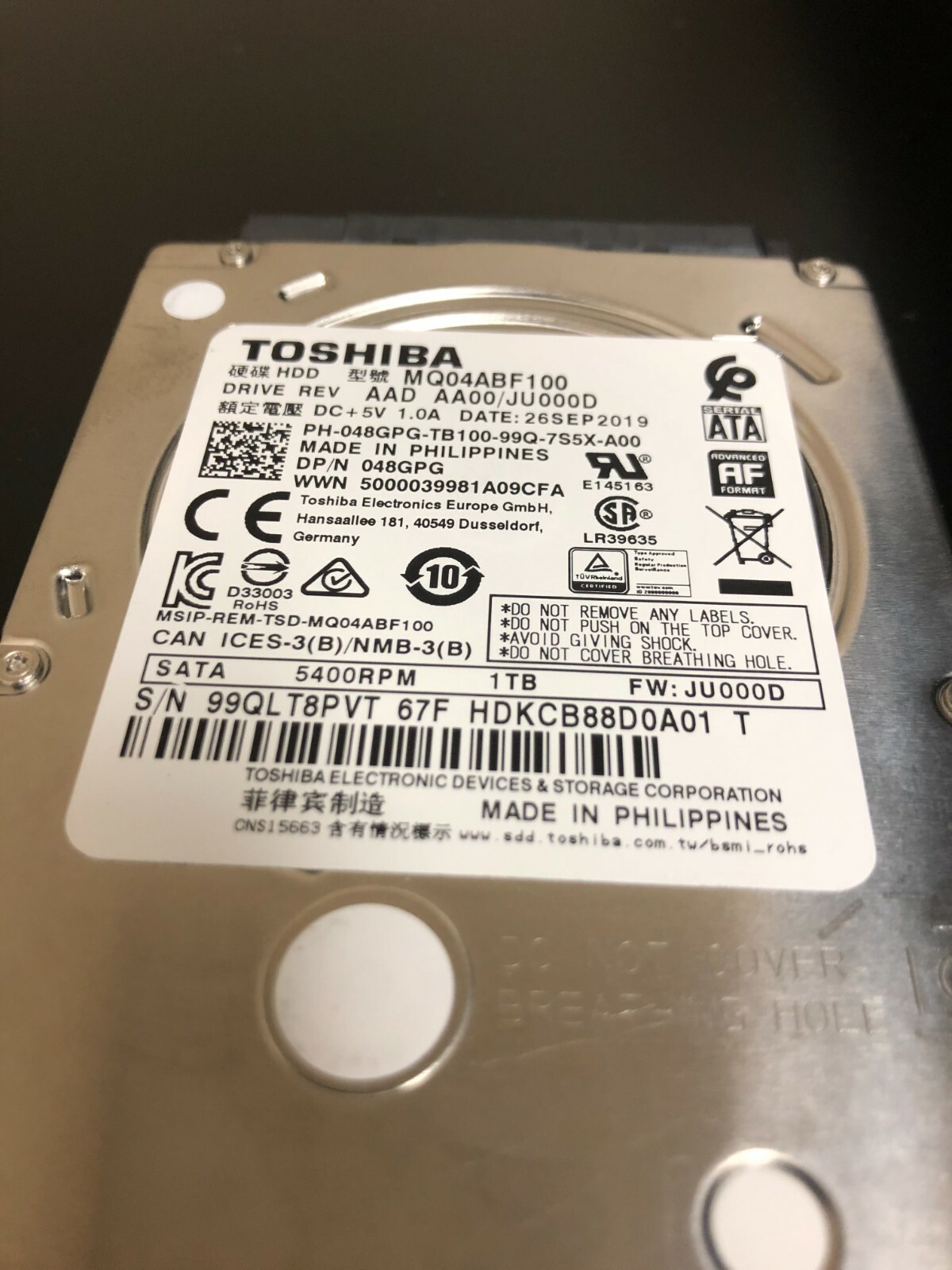 DELL 48GPG Toshiba MQ04ABF100 1TB 5400RPM SATA 7mm 2.5