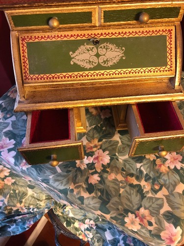 Vintage FLORENTINE ITALIAN SLANT TOP JEWELRY BOX Drop Front Key Locking Drawers