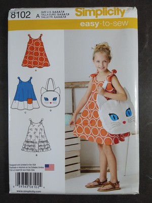 Simplicity 8102 Child's Sz 3 to 8 Sundress+ Kitty Tote Bag Girls Easy-To-Sew New