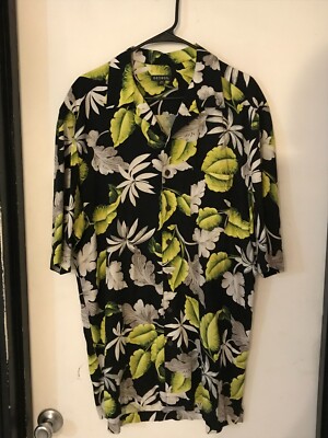 LT Men's GEORGE Vintage-Style Black+Green Floral Rayon Hawaiian Shirt NEVER WORN