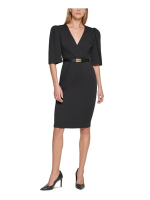 CALVIN KLEIN Черное женское платье-футляр с поясом и рукавами-пуфами Petites 10P