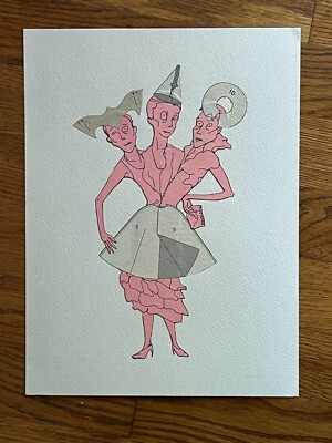 The Trio - Original Drawing Pen Ink Collage Art Anime Style Art Women OOAK