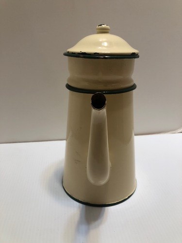 Antique FRENCH Enamelware COFFEE BIGGIN 1930's Cream & Green Percolator Tea