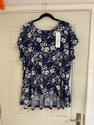 New Blue Vanilla Lagenlook Blue Floral Stretch Jersey Frill Top - Size L BNWT