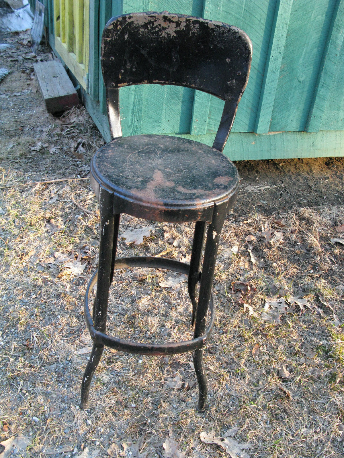 Very Cool Old Black Metal Stool. Stamped Cosco