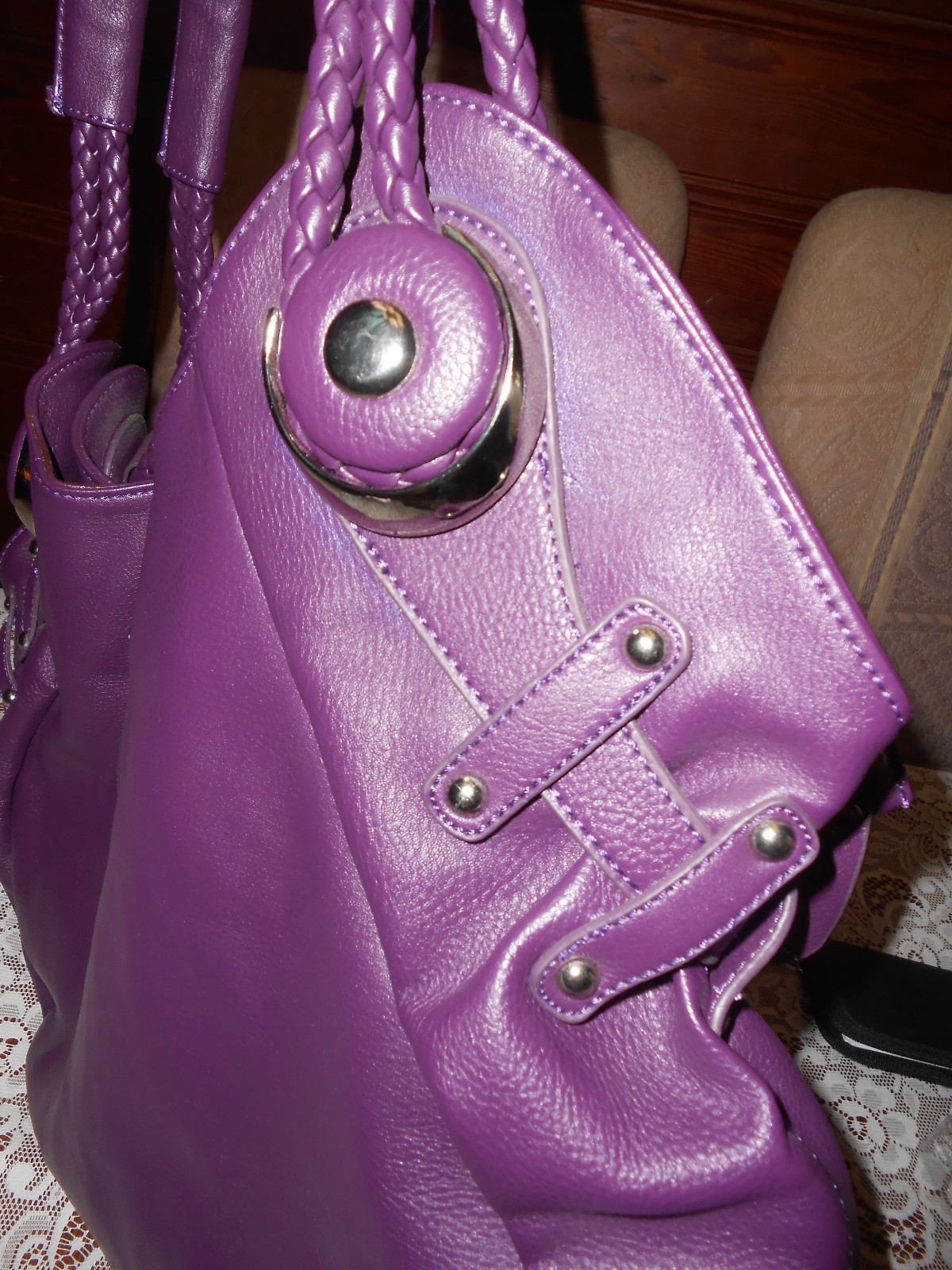 PURPLE HANDBAG “LARGE” WITH SILVERTONE BLING HANDLE HAS BRAID NWOT