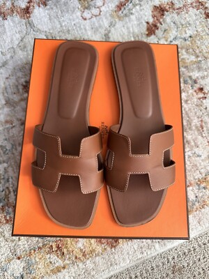 HERMES Gold  Brown Tan Oran Leather Sandals Size 40
