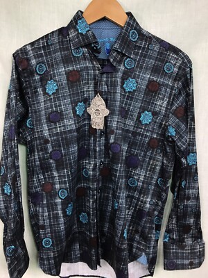 New Luchiano Visconti Navy & Black Plaid w Flowers Print LS Button Shirt Men S
