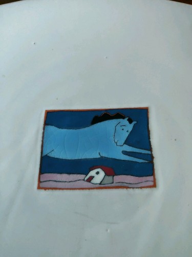 Folk Art ~ Pottery/Stoneware Square Plate~Signed ~ Quirky Blue Horse