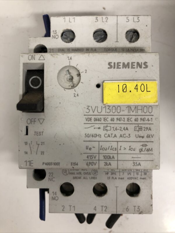 Siemens 3VU1300-1MH00 Starter Motor Protector 1.6-2.4A Overload 600VAC breaker