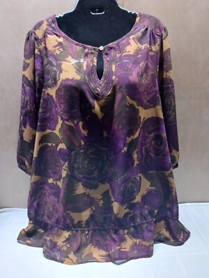 JMS just my size 2X Top Brown Purple Floral Keyhole Pullover Ruffle Hem 3/4 Slv