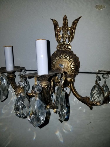 Vintage brass and crystal electric wall sconce/ 15 teardrop crystals